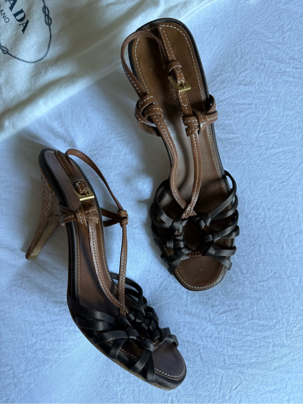 Vintage Prada Brown Strappy Braided Leather/Satin Heel Sandals
